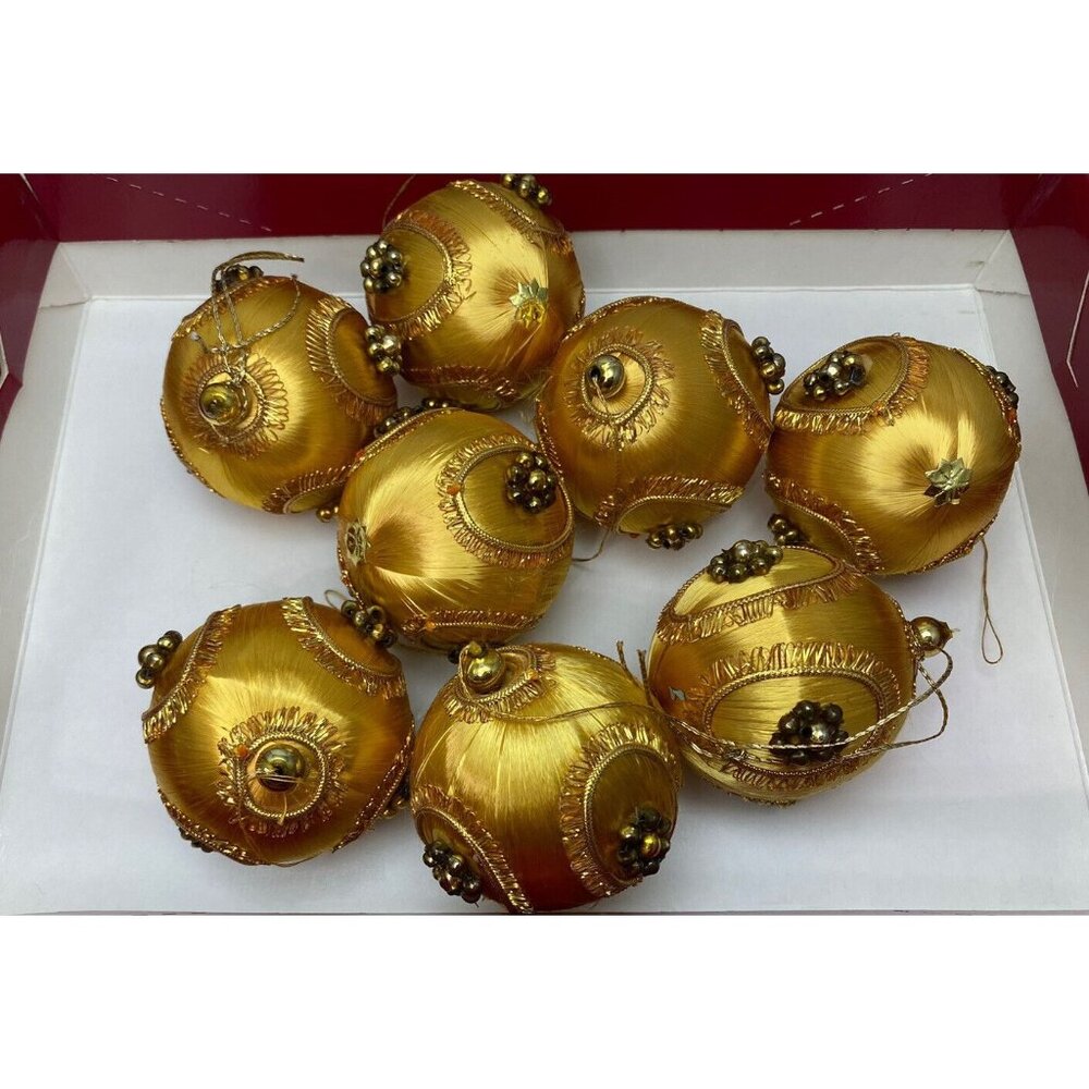 Vintage Mercury Bead Christmas Tree Ornament Gold Satin Lot of 8 Handmade - Picture 1 of 7